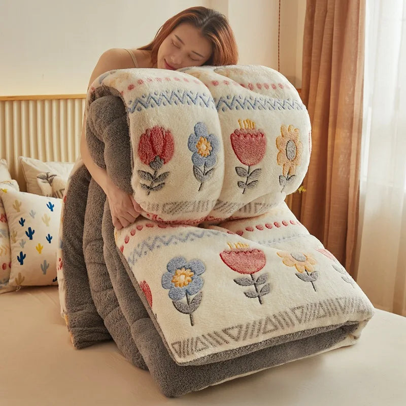 Bohemian Style Thick Warm Winter Blankets for Bed King Queen Size Snowflake Velvet Comforter Floral Pattern Weight Plush Blanket