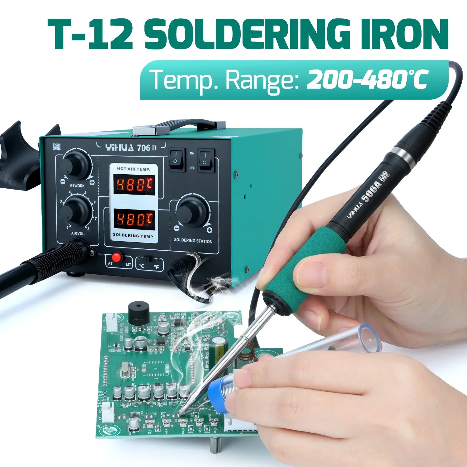 YIHUA T12 Soldering Station With Air Pump Hot Air Gun LCD Rapid Heating Temp Adjust AUTO Sleep Welding Repair Tools For SMD PCB