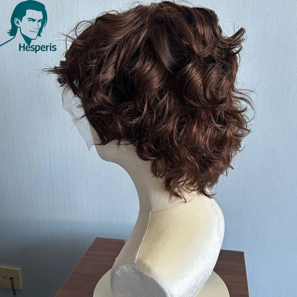 Hesperis Brown Short Curly Human Hair Wig Pre-Style Cut Lace Front with Bangs Men's Fashion Daily Lace Frontal Wigs For Male