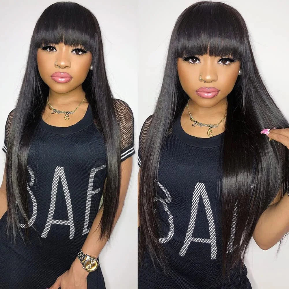 30 36 Inch Straight Human Hair Wig with Bangs Raw Indian Bone Straight Bob 100% Human Hair Fringe Wigs 250 Density For Women