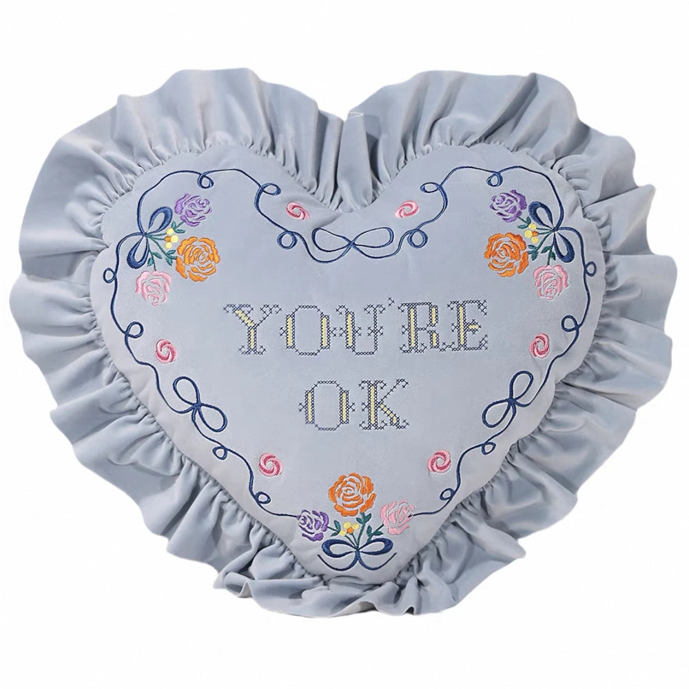 European-Style Pillow Two-Sided Sponge Balcony Cushion Home Decoration Embroidery Letter Printing Ruffled Round Love Pillowcase