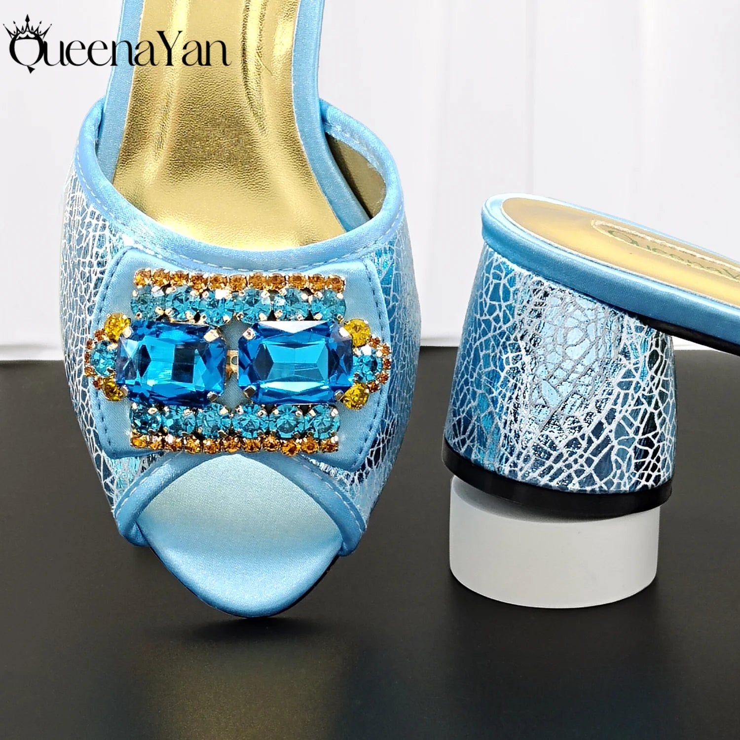 QueenaYan Italian Design Fashion Mature Style Rhinestone Peep Toe Party Women's High Heels with Diamond Oval Bag for Sky Blue