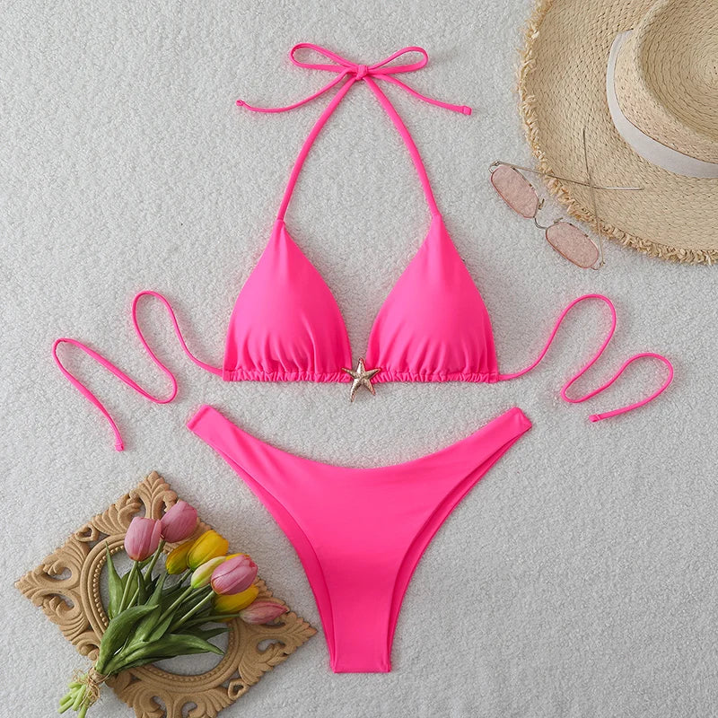 Sexy Bikini Set Solid Swimsuit Women Beachwear 2026 Thong Micro Bikinis Female Swimwear High Cut Neck Bathing Suit Beach Biquini