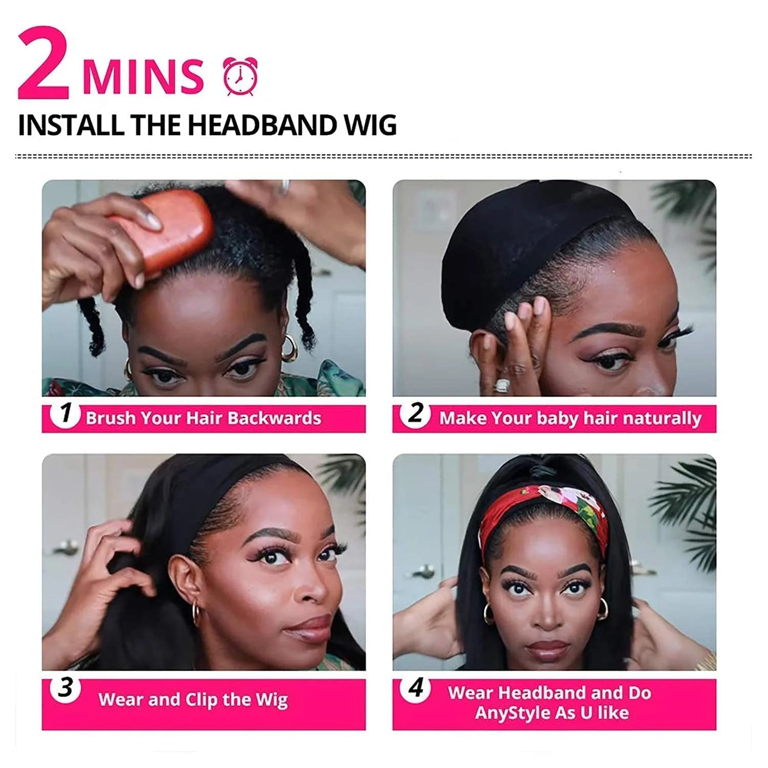 16 18 20Inch Headband Wig Human Hair Straight Headband Wigs for Black Women Glueless None Lace Front Human Hair Headband Wig Brazilian Virgin Hair Machine Made Wigs Natural Black 180% Density