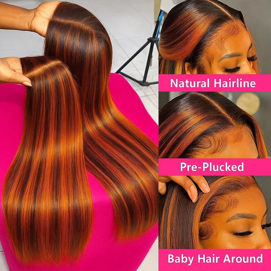 Glueless 100% Human Hair 4/350 Highlight Ombre Straight 13x4 Lace Frontal Wigs With Drawstring Ginger Orange Brown Colored Wig