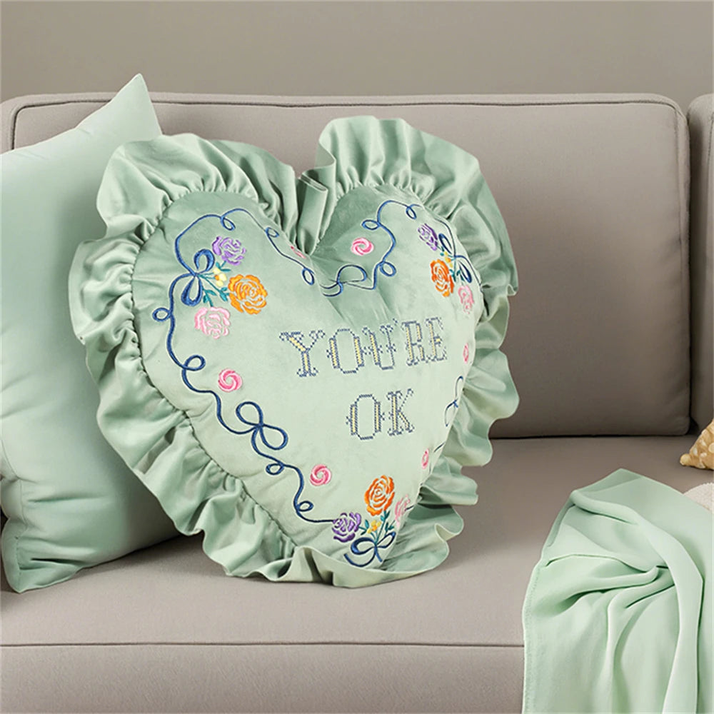 European-Style Pillow Two-Sided Sponge Balcony Cushion Home Decoration Embroidery Letter Printing Ruffled Round Love Pillowcase