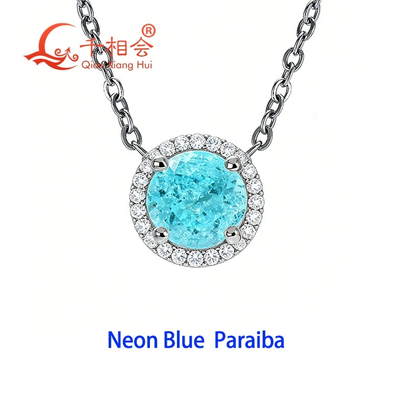 Luxury 925 Sterling Silver Necklace Paraiba YAG Gemstone with Moissanite Halo Pendant Neon Blue Paraiba Fine Jewelry for Women