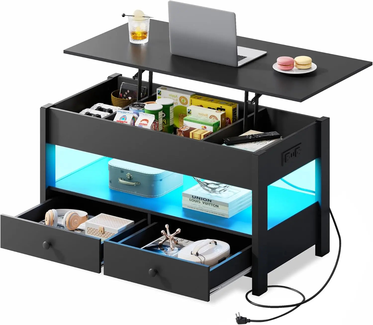 WLIVE Black Lift Top Coffee Table with 2 Drawers LED Light - Large Storage Open Shelf for Living Room Modern Home Furniture