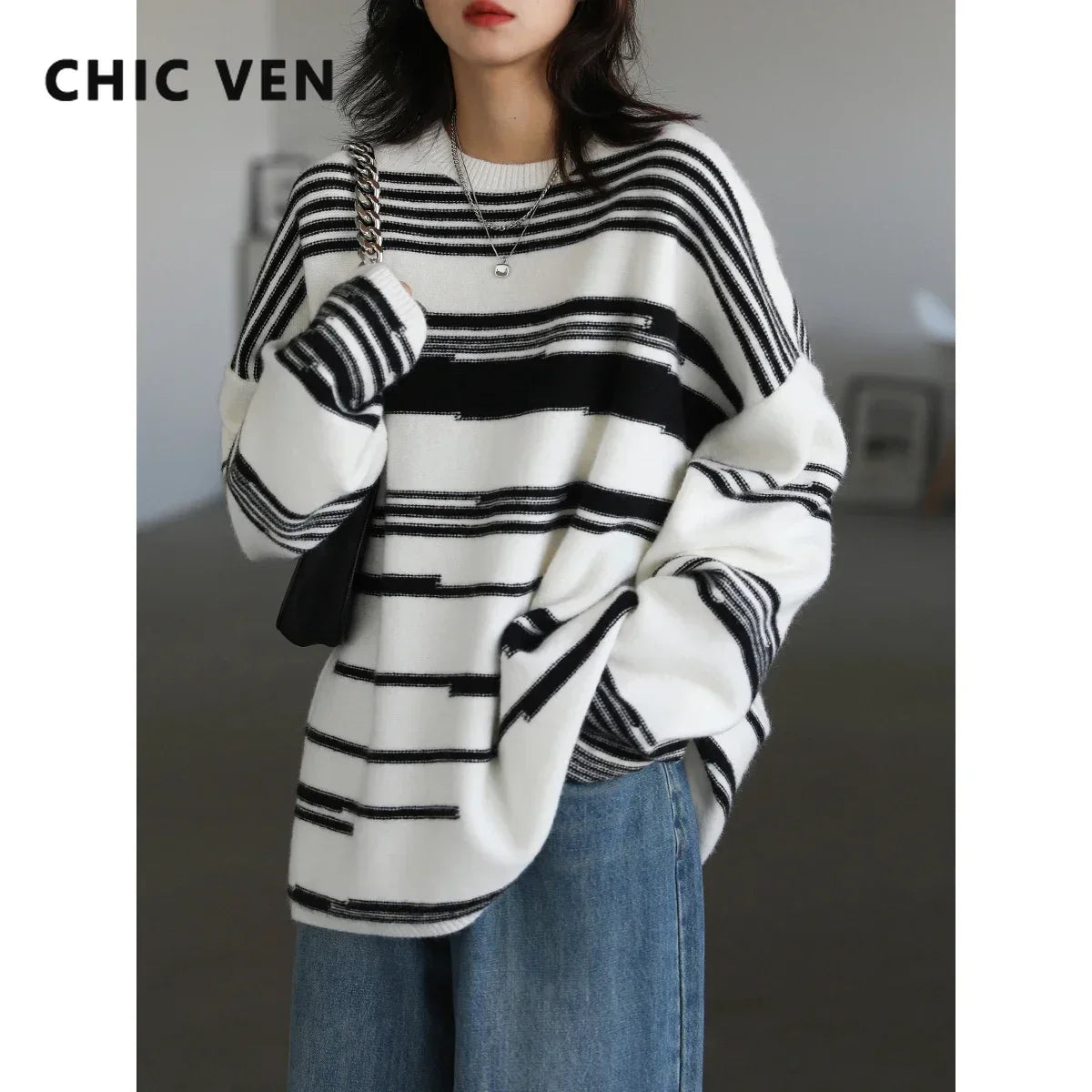 CHIC VEN Women Sweaters Streetwear Casual Loose Pullover Stripe Girl Jumpers Thick Warm Female Tops Autumn Winter 2025 Plus