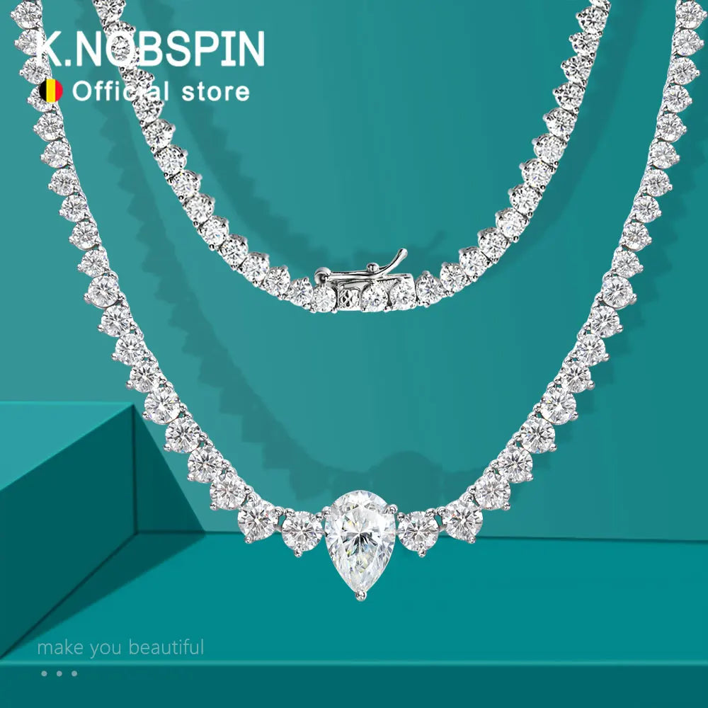 KNOBSPIN GRA Certified Moissanite Tennis Necklace with 4ct Pear Cut Pandent Solid 925 Silver Wedding Tennis Necklaces for Women