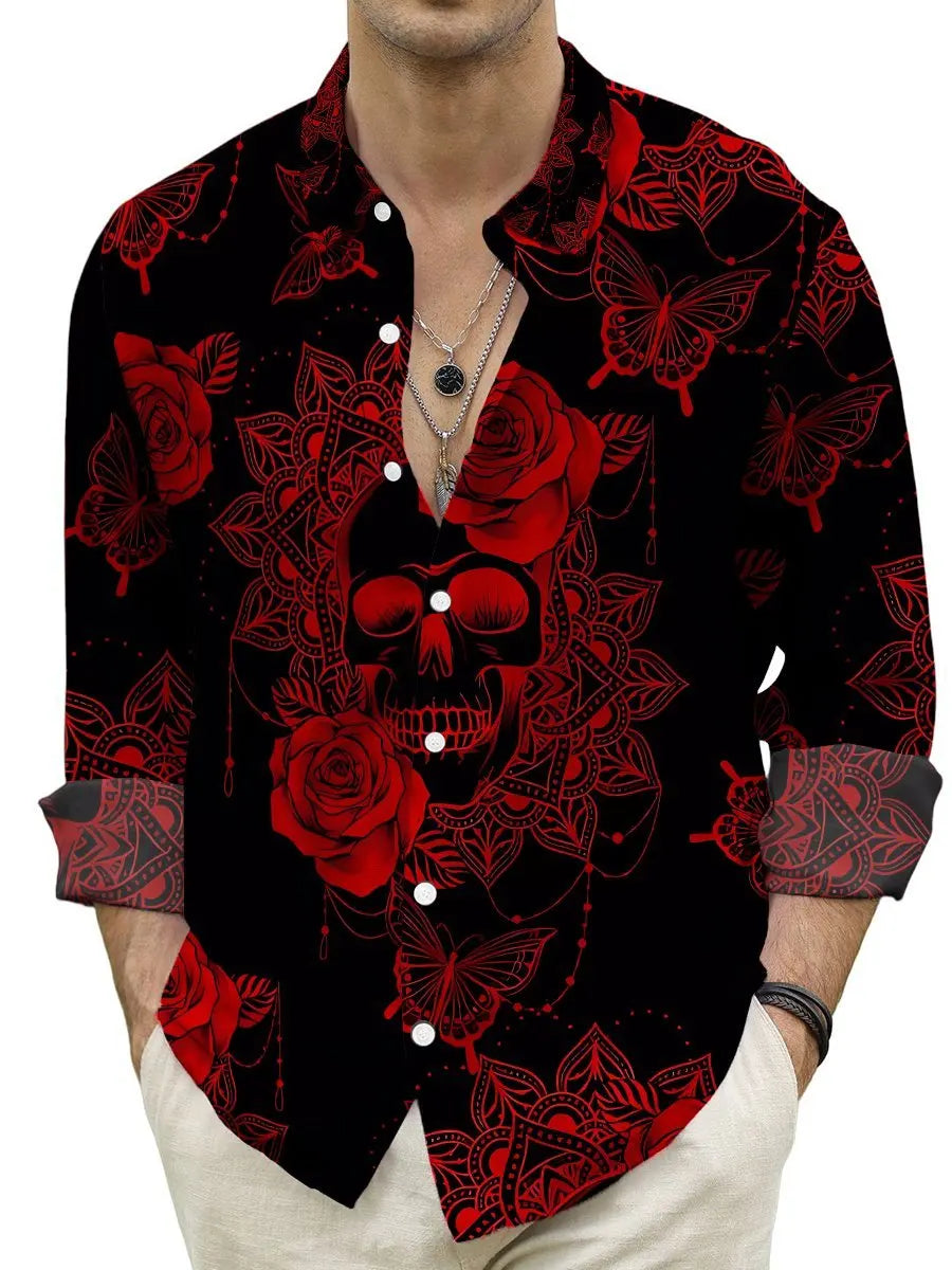 Mens Red Floral Print Long Sleeve Shirt 2023 Fashion Design Luxury Long Sleeve Tops Mens Four Seasons Button Lapel Shirt