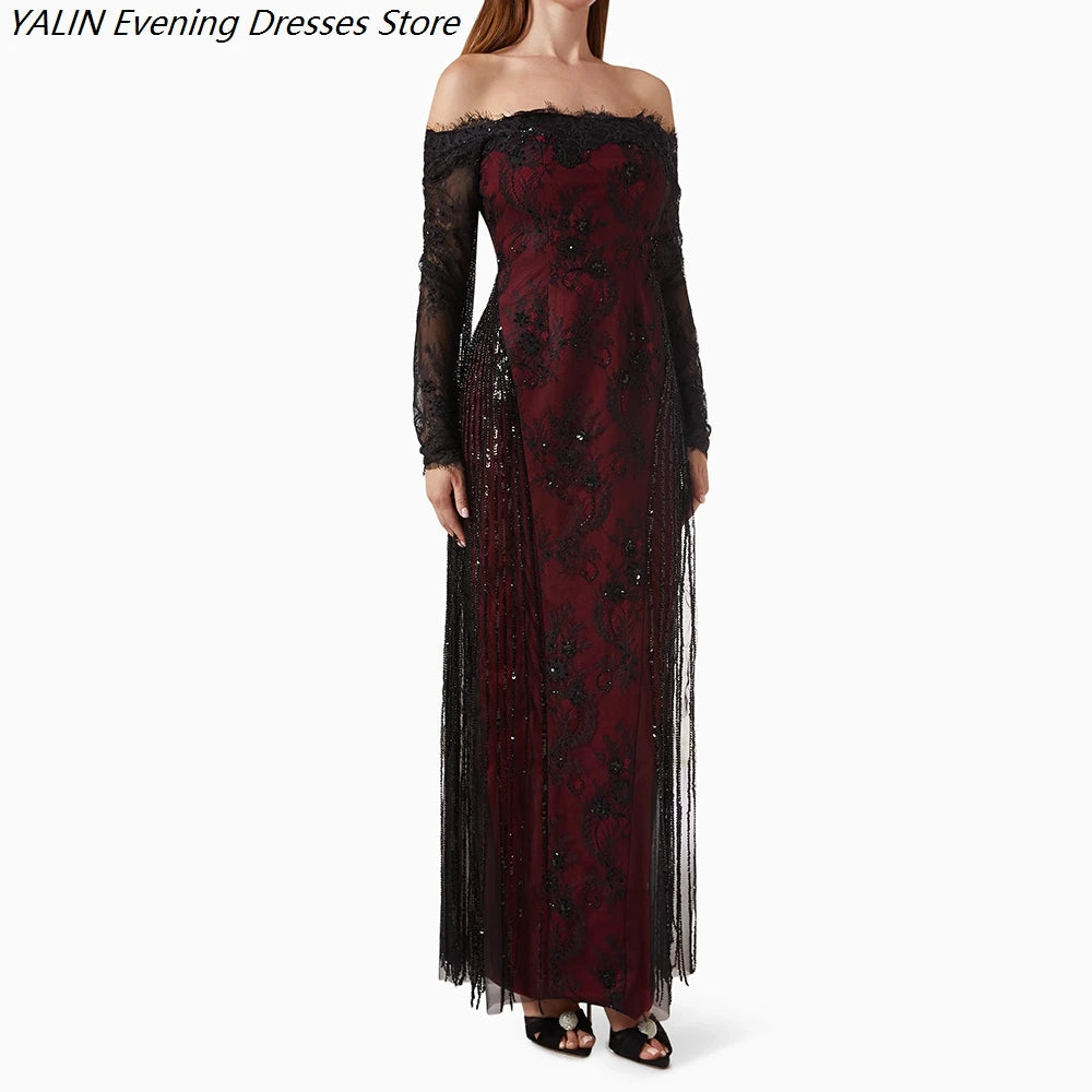 Women's A-line Evening Dresses Ankle-length Off The Shoulder Full Sleeve Prom Dresses Fashion Lace Sequined Customized Gowns