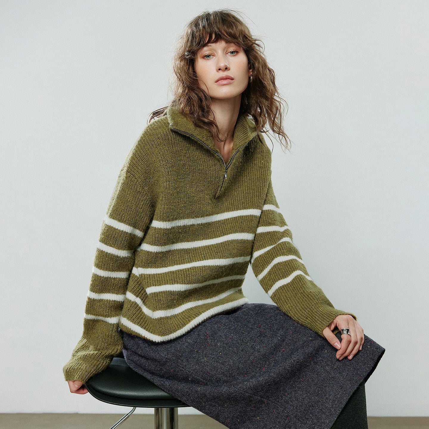 TOYOUTH Women Sweaters 2025 Winter NewAsymmetric Zipper Lapel Iridescent Faux Mohair Light Sports Top