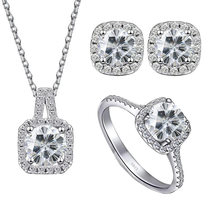 JoyceJelly S925 Sterling Silver jewelry for women 1 carat moissanite diamond 3 pieces set necklace ring earrings wedding party