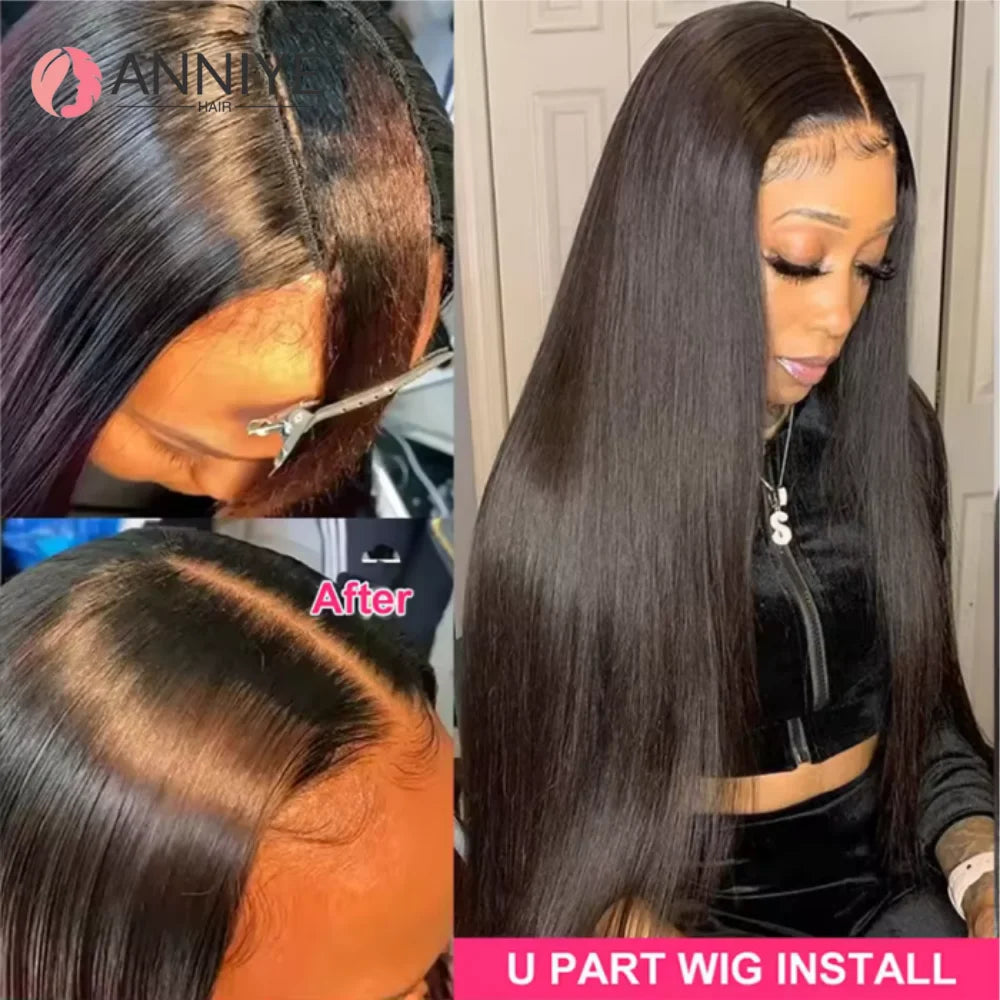 U Part Machine Made U Part Wig Human Hair Straight Wig Glueless U Part Wig Human Hair Wigs Blend with Your Own Hairline ANNIYE