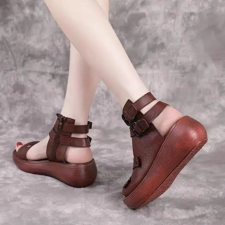 Women's Sandals Summer Mid Heeled Wedges Shoes for Women Retro Leather Gladiator Sandals Platform Rome Sandalias De Mujer