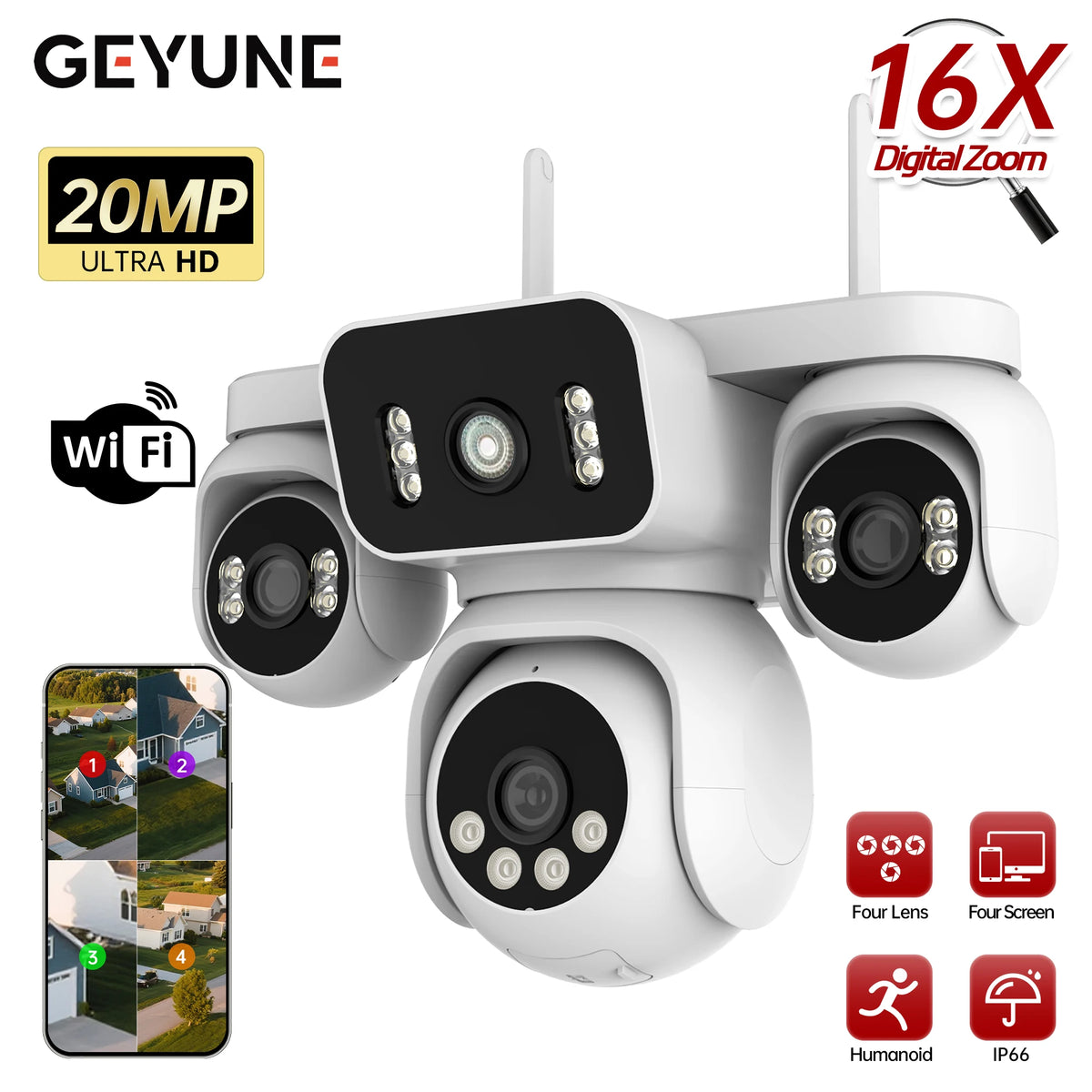10K 20MP WiFi Security Camera 4 Lens 4 Screen 360°  PTZ 16X Zoom Waterproof Home Surveillance CCTV Outdoor Street Video Camera
