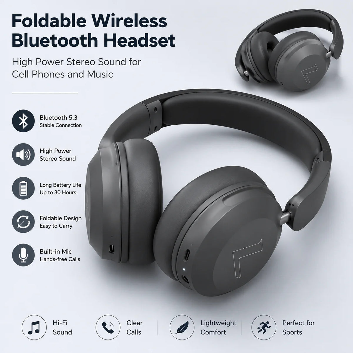 Foldable Wireless Bluetooth Headset Over Ear Sports Headphones High Power Stereo Sound for Cell Phones and Music