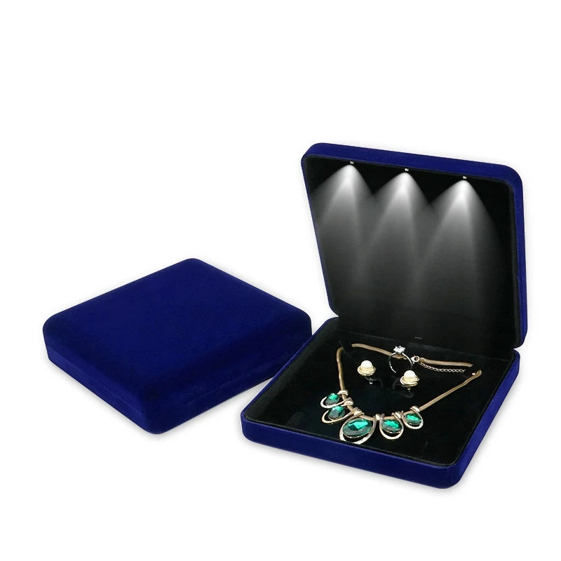 Large Velvet LED Jewelry Set Box Necklace Earrings Ring Jewellery Gift Display Storage Case with Custom Logo