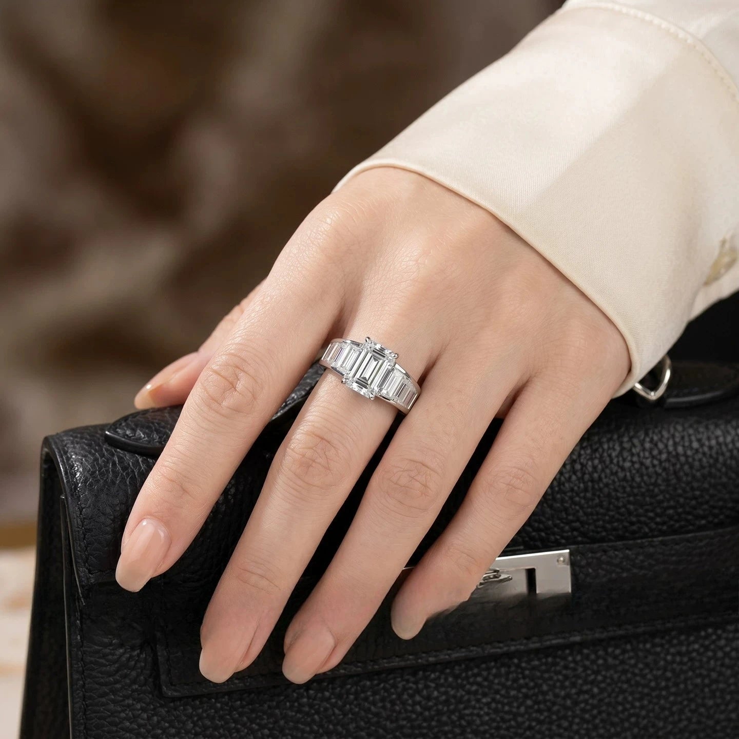 New 4-carat 925 Silver High Carbon Diamond Ring, Emerald Cut Ladder Square Diamond Index Finger Ring, New Wedding Jewelry