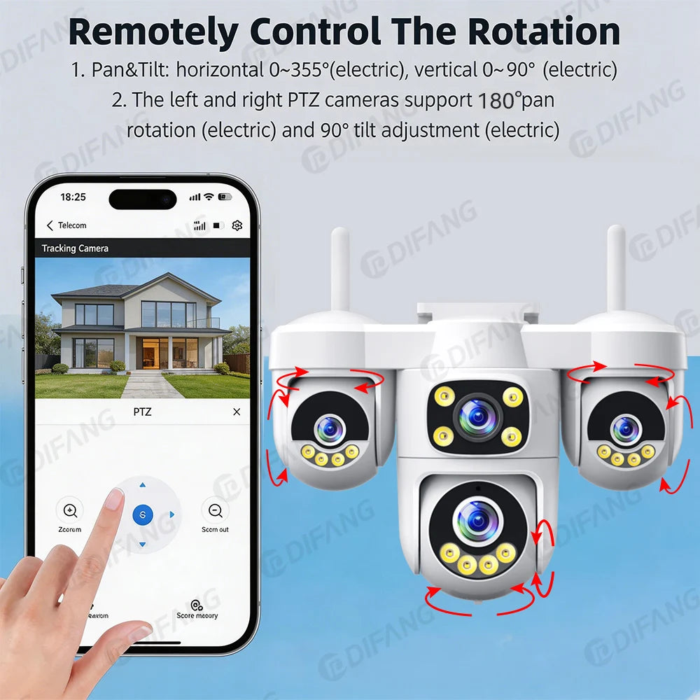 New 20MP WiFi Security Camera 4 Lens 4 Screen 6 Motors 3 PTZ 5X Digital Zoom 360° Auto Tracking IP66 Waterproof Outdoor CCTV 10K