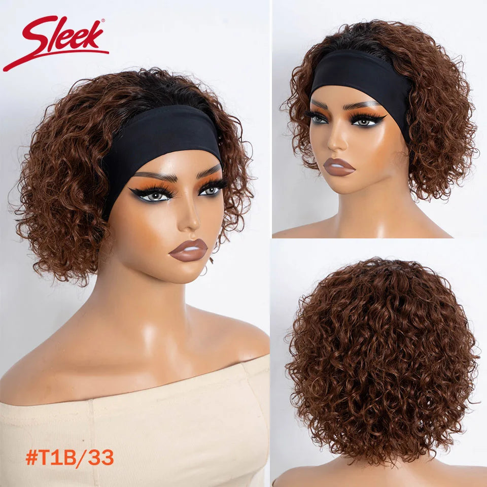Human Hair Curly Wigs Headband Wig Brown Wear And Go Headband Wigs Glueless Wig With Elastic Band Pixie Cut Curly Human Wigs