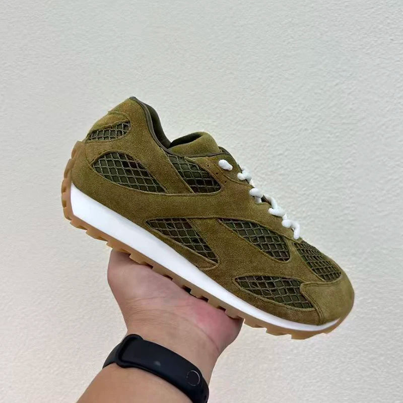 Street Fashion Top Qualitty Sneakers For Mens Hollow Air Mesh Laces Casual Shoes Unisex Genuine Leather Patchwork Tenis Feminino