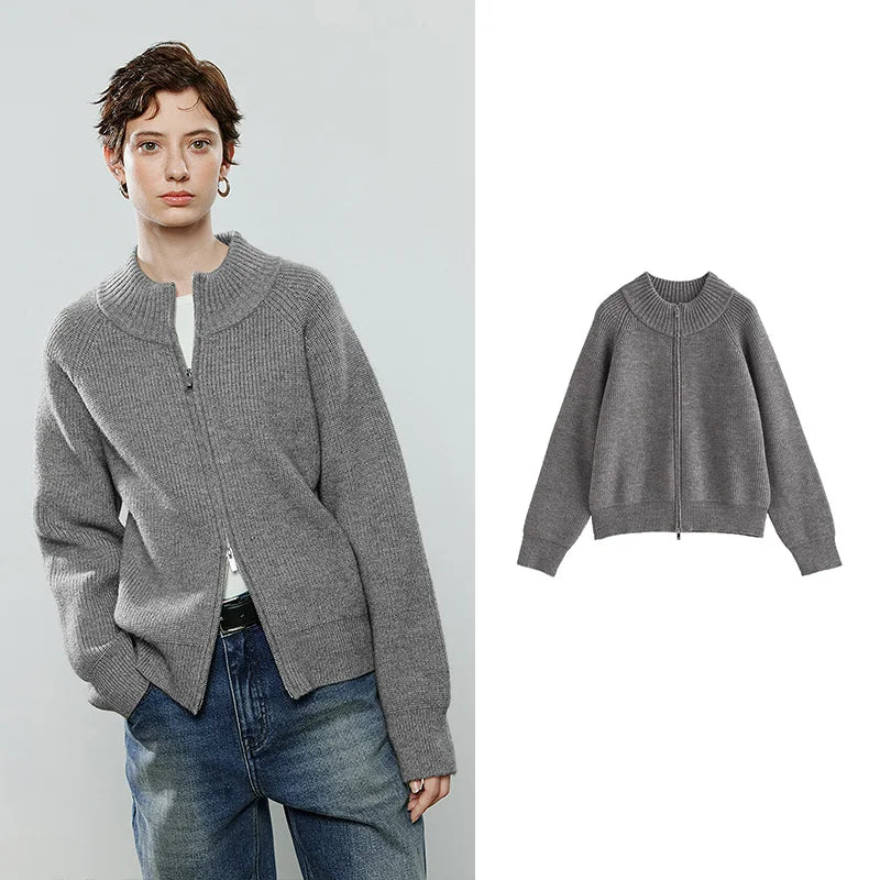 TOYOUTH Women Sweaters 2025 Winter New Zip Half-High Collar Vintage Light Sporty Soft Polar Fleece Cardigan Jacket