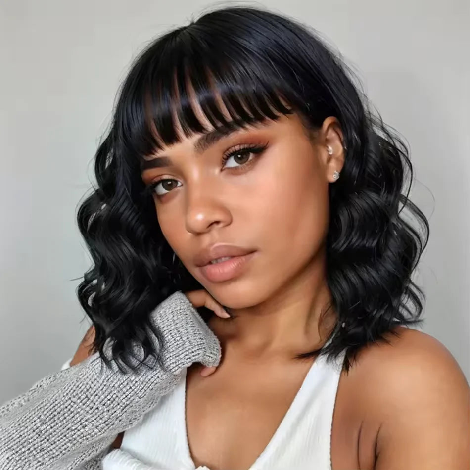 Indian Human Hair Body Wave Bob Virgin Hair Wig With Bang Short Short Natual Black Machine Made None Lace Hair Wig For Women