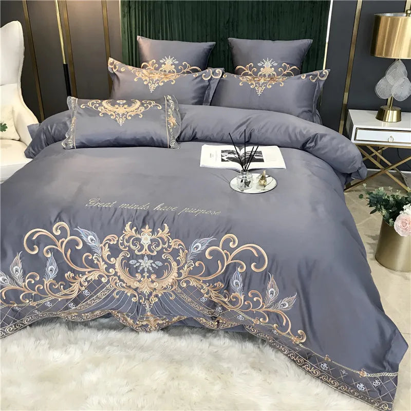European Style Egyptian 100% Cotton Bedding Set Golden Embroidery Home Textiles Duvet Sheet Pillowcases Set Full King Queen Size