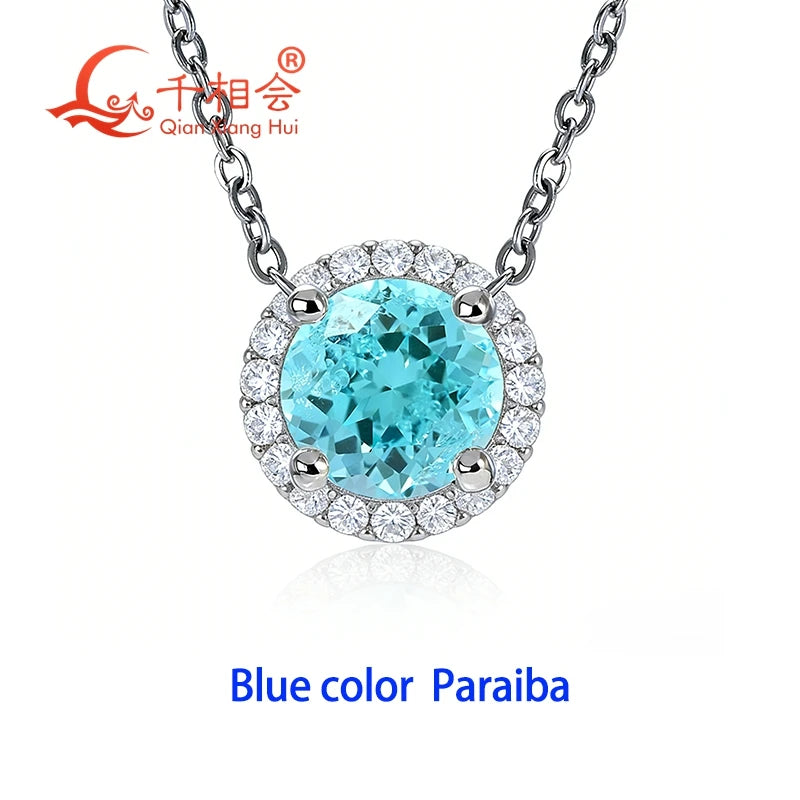 Luxury 925 Sterling Silver Necklace Paraiba YAG Gemstone with Moissanite Halo Pendant Neon Blue Paraiba Fine Jewelry for Women