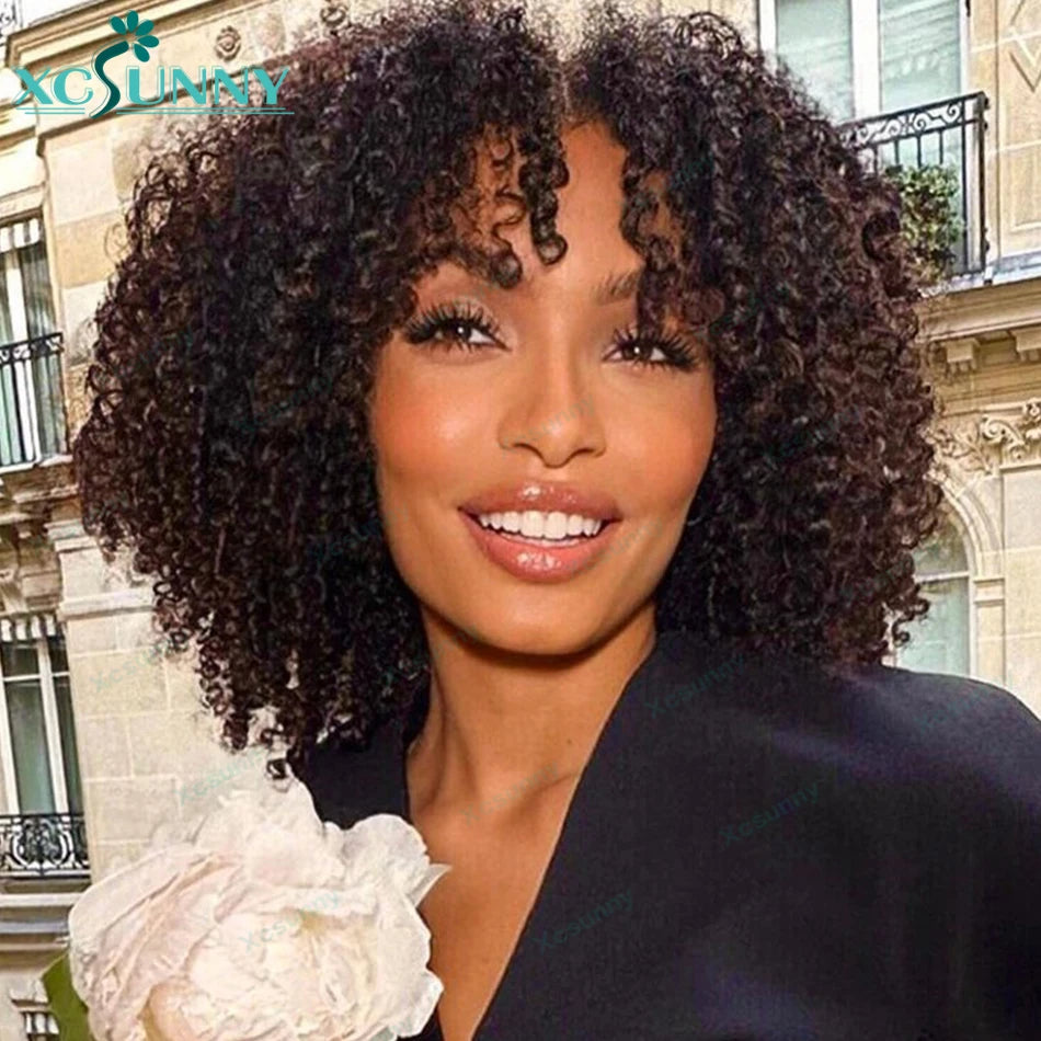 Kinky Curly Human Hair Wigs With Bangs For Black Women Natural Hair Wig Brazilian Machine Made O Scalp Wig