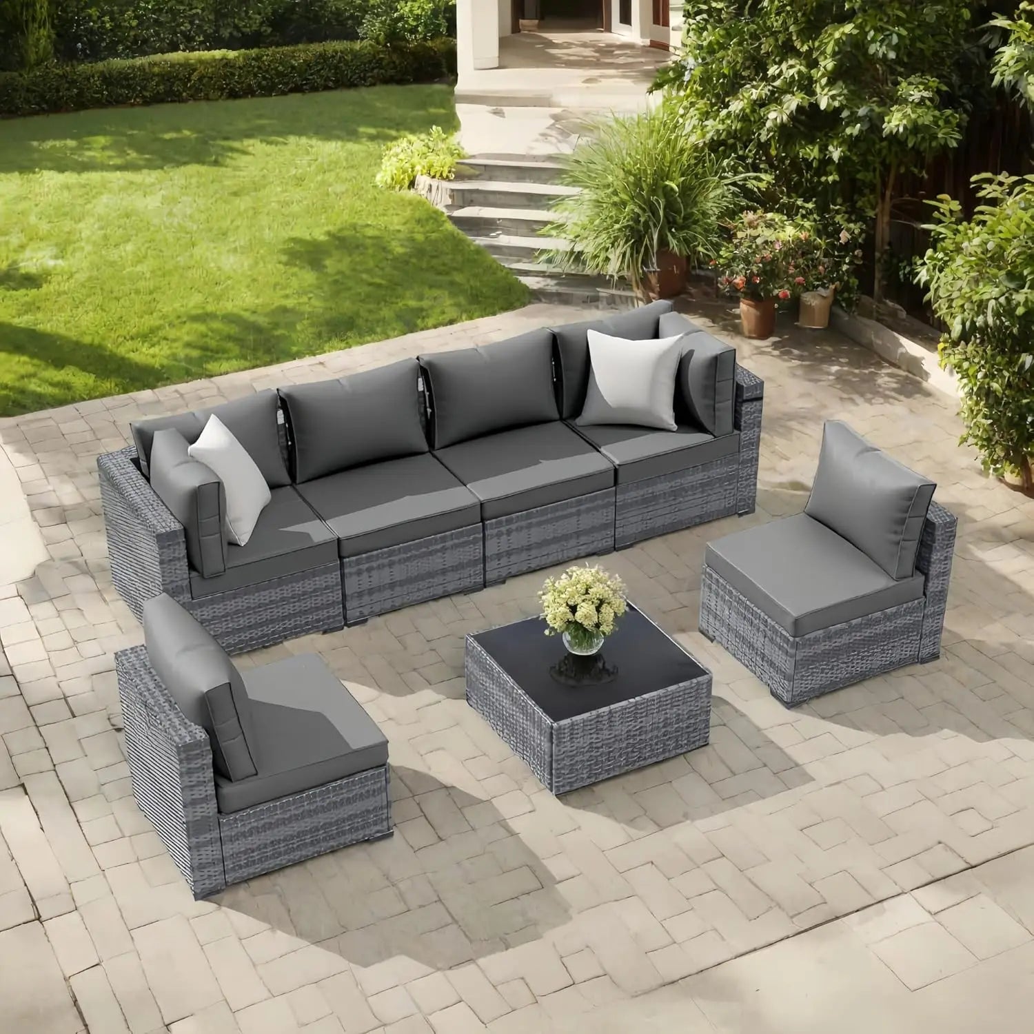 7-Piece Outdoor Rattan Sectional Sofa Set, Wicker Patio Furniture with Coffee Table, Grey Cushions, Patio, Customized