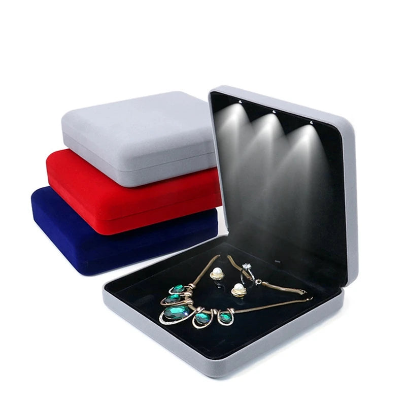Large Velvet LED Jewelry Set Box Necklace Earrings Ring Jewellery Gift Display Storage Case with Custom Logo