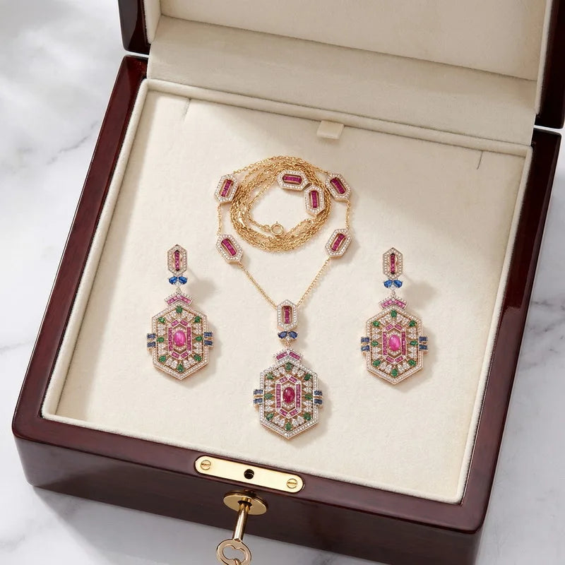 Vintage Style Earrings Necklace Women Lady Inlay Cubic Zircon Synthetic Ruby Rhombus Tassels Pendant Party Jewelry Sets