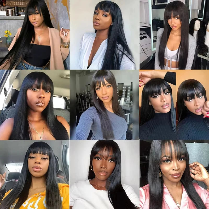 Long Straight Wigs With Bangs Human Hair Fringe 360 Full Lace Front Wig Brazilian Raw Vietnamese Hair Gluless HD Frontal Wigs