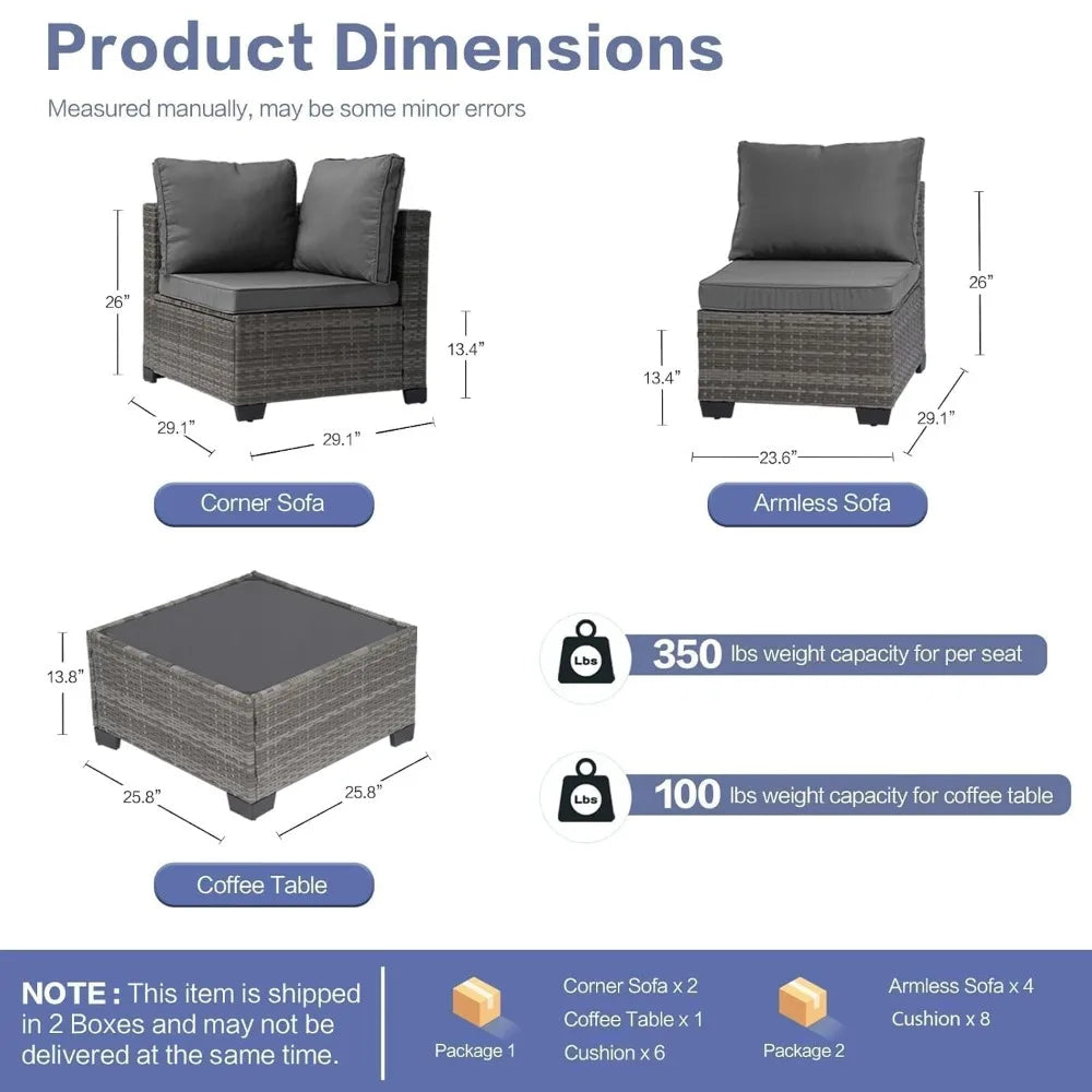 7-Piece Outdoor Rattan Sectional Sofa Set, Wicker Patio Furniture with Coffee Table, Grey Cushions, Patio, Customized