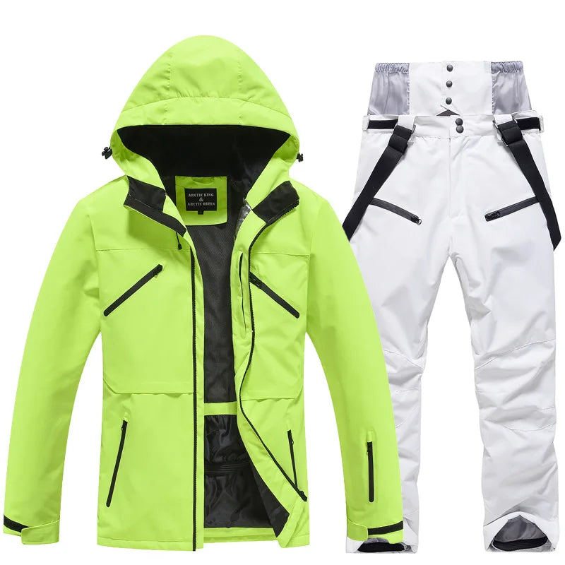 NEW Fashion Men Women Winter Ski Suit Windproof Waterproof Snowboard Jacket and Pants Snow Clothes Female Skiwear Pure White