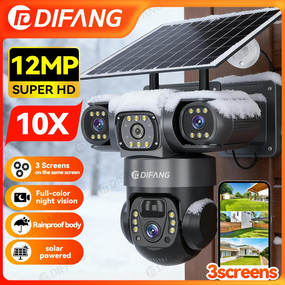 DIFANG 12MP WIFI Solar Camera 3 Len 3 Screen 10X  Zoom Outdoor Wireless Security Cameras Auto Tracking CCTV 24/7 Hour Recording