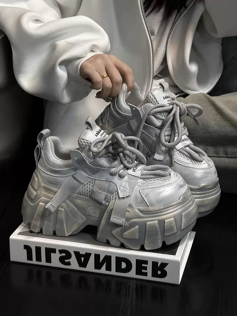 Women Chunky Sneakers High Heels Platform Thick Bottom Mesh Shoes Height Increase Fashion Unique Design Luxury Brand Spring 2025