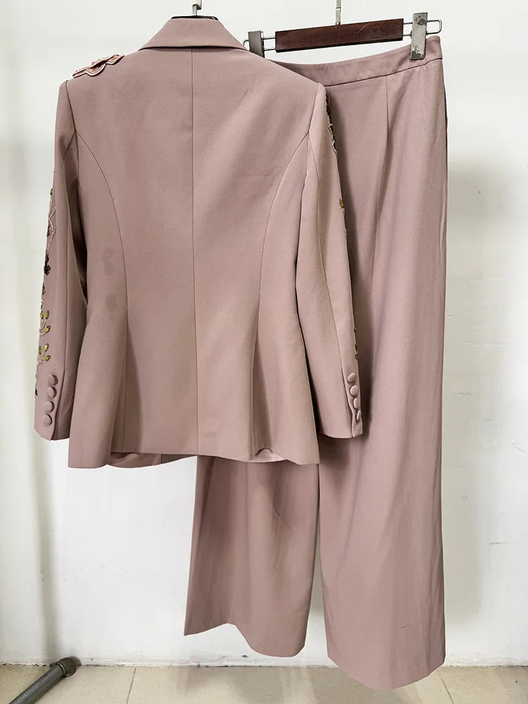 HIGH STREET Newest Fashion Designer Runway Suit Set Women's 3D Flowers Beaded Blazer Wide Leg Pants Set