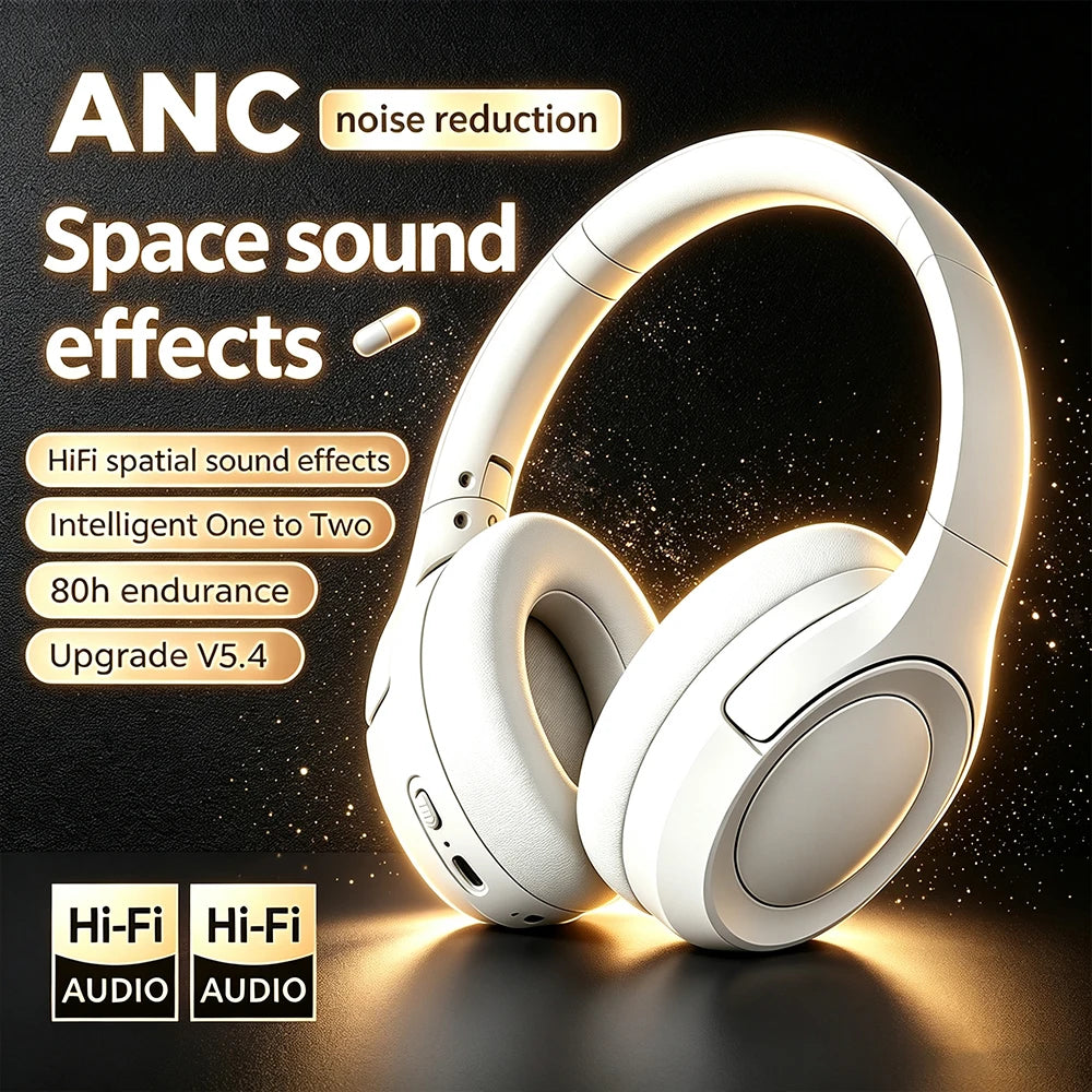 Bluetooth5.4ANC Headphones Over Ear Wireless Noise Cancelling Headset HiFi Sound 80H Endurance Foldable Design for Daily Commute