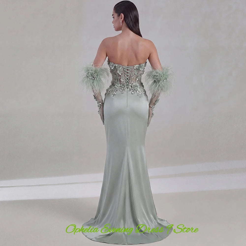 Sexy Strapless Satin Evening Dress Graceful Mermaid Prom Dresses Fashion Feathers Flowers Customized Special Occasion Gowns
