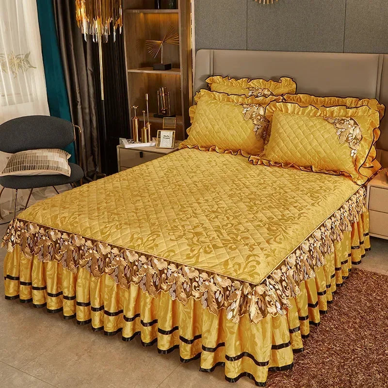 Plush Winter Warm Bedspread on The Bed Thickened Bed Skirt-style Embroidery Cotton Quilt Bedding Cover Pillowcases