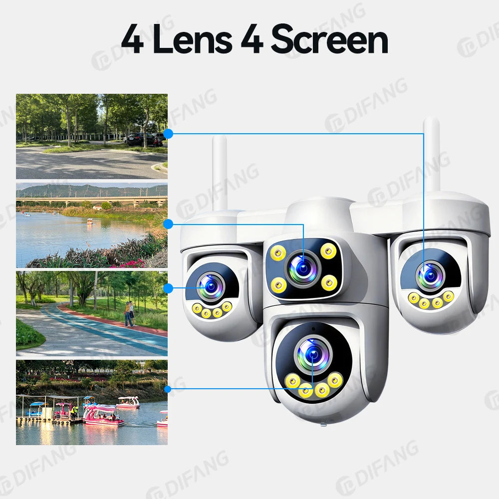 New 20MP WiFi Security Camera 4 Lens 4 Screen 6 Motors 3 PTZ 5X Digital Zoom 360° Auto Tracking IP66 Waterproof Outdoor CCTV 10K