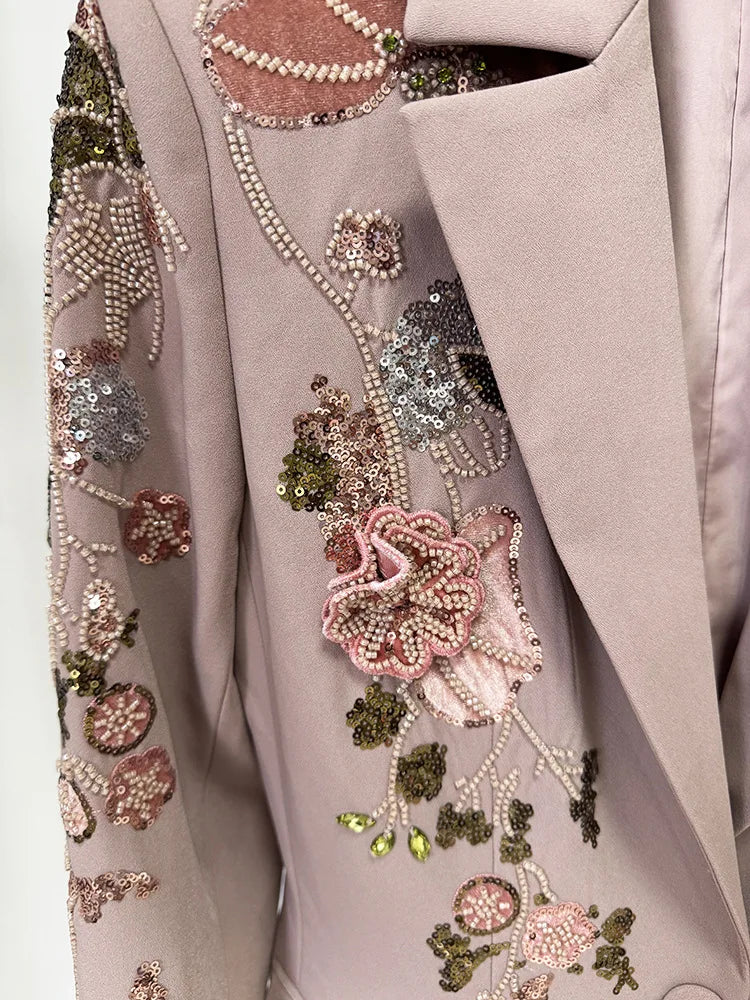 HIGH STREET Newest Fashion Designer Runway Suit Set Women's 3D Flowers Beaded Blazer Wide Leg Pants Set