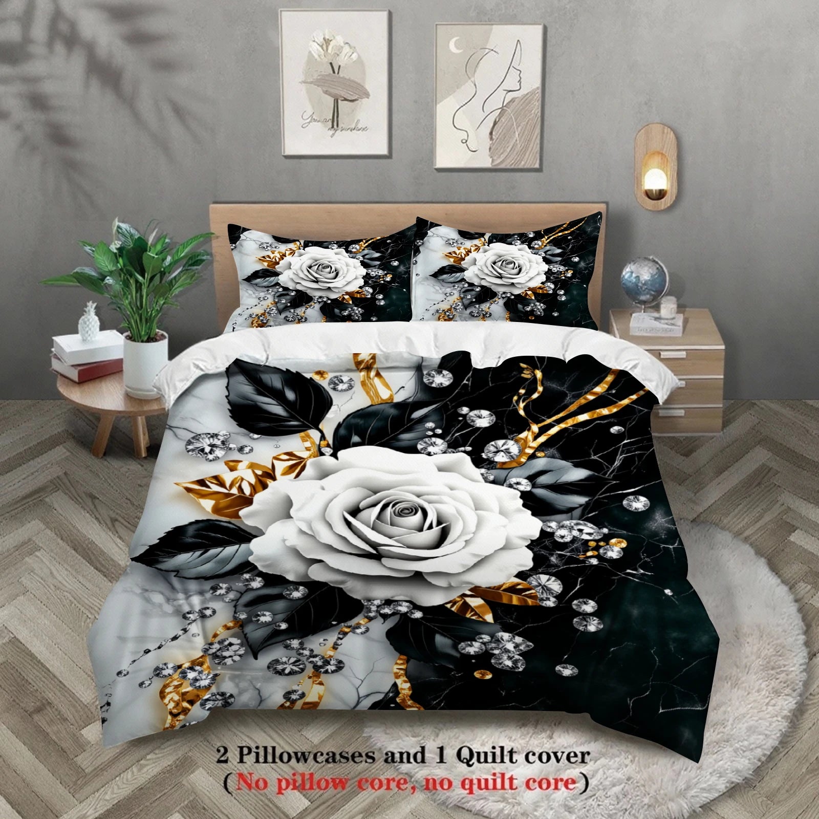 3pcs Rose Flower Bedding Sets 3D Printed Black White Gold Floral Duvet Cover Sets With Pillowcases No Filling Luxury For Women