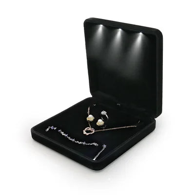 Large Velvet LED Jewelry Set Box Necklace Earrings Ring Jewellery Gift Display Storage Case with Custom Logo