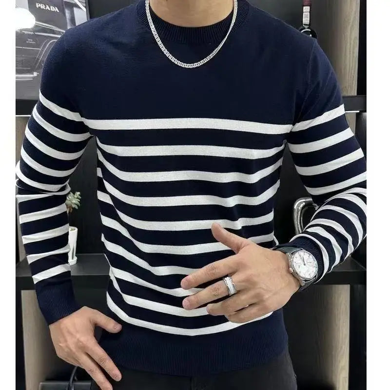 Men's Long Sleeved T-shirt with Fashionable Stripes and Round Neck Versatile and Slim Fit Handsome Top