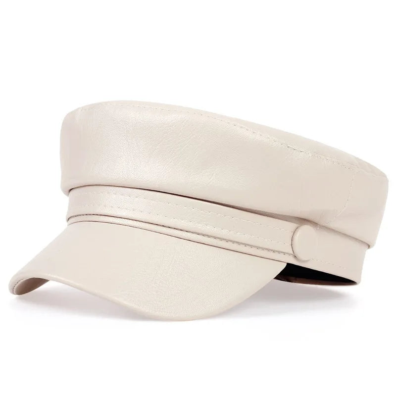 Fashion Unisex PU Leather Military Caps Spring Autumn Sailor Hats for Women Men Black Grey Flat Top Captain Cap Travel Cadet Hat